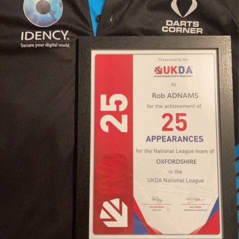 Photo of Rob Adnams UKDA certificate for 25 appearances playing for Oxfordshire County